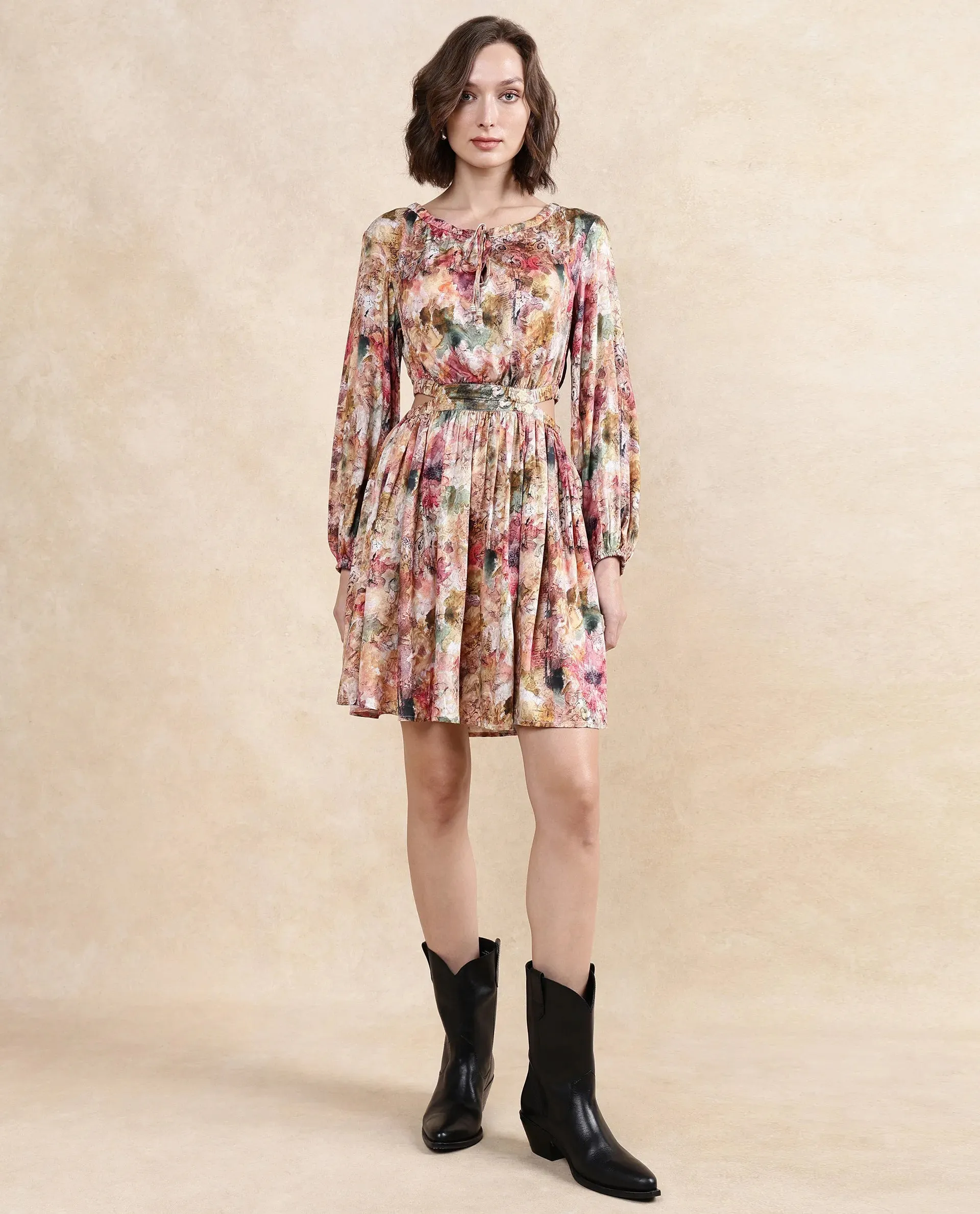Rareism Women Chilet Multi Satin Puffed Sleeve Round Neck A-Line Knee Length Paisley Print Dress