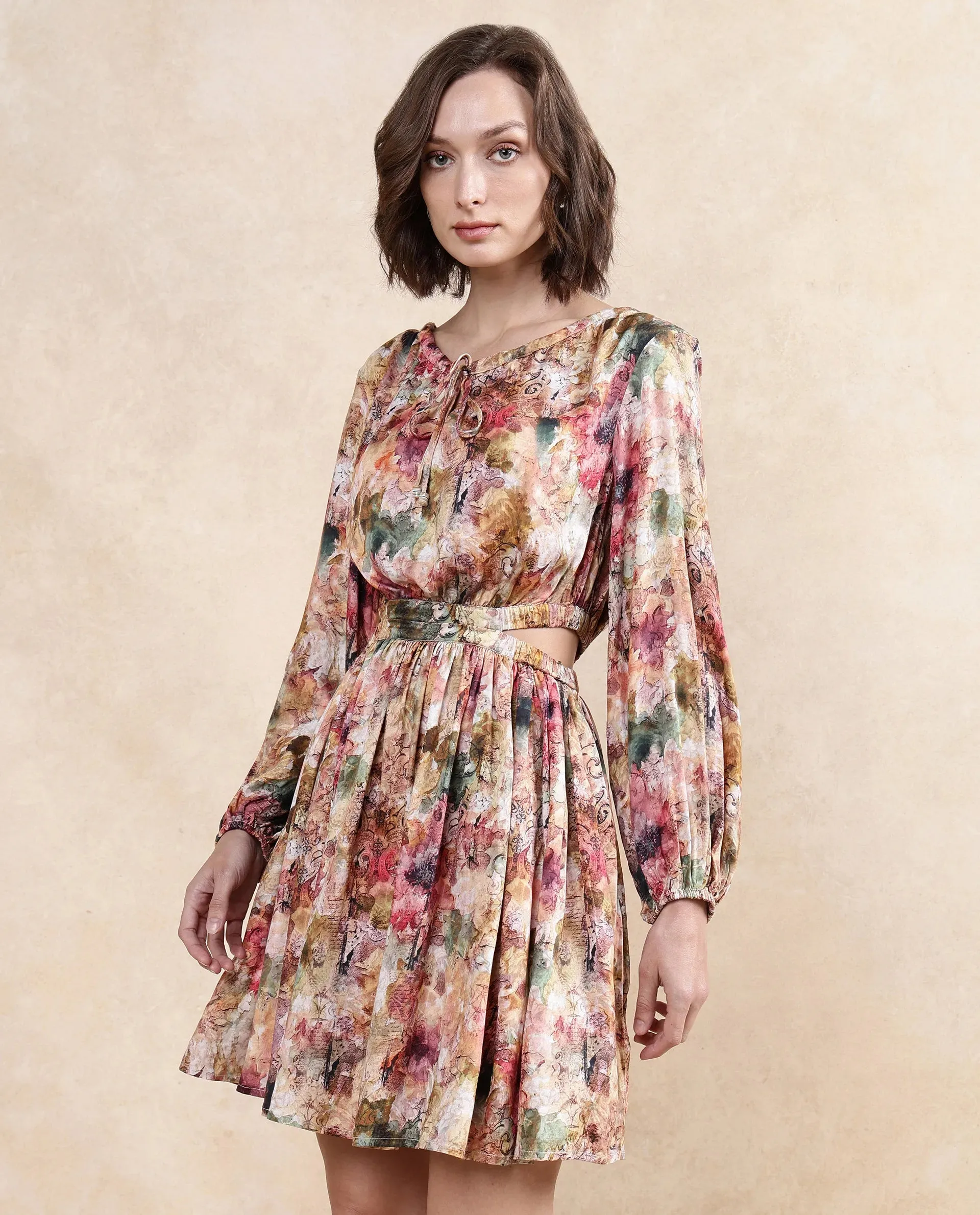 Rareism Women Chilet Multi Satin Puffed Sleeve Round Neck A-Line Knee Length Paisley Print Dress