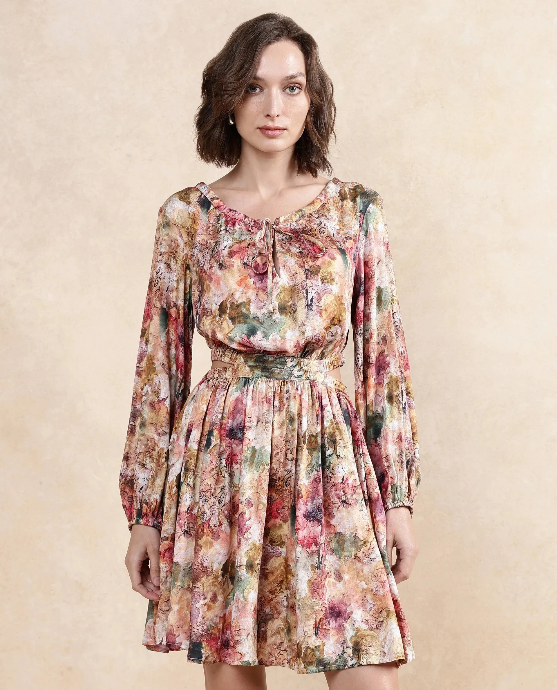 Rareism Women Chilet Multi Satin Puffed Sleeve Round Neck A-Line Knee Length Paisley Print Dress