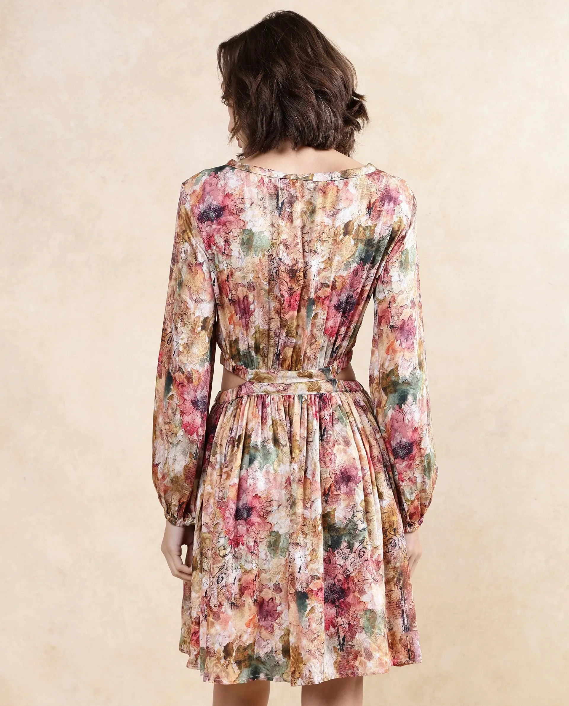 Rareism Women Chilet Multi Satin Puffed Sleeve Round Neck A-Line Knee Length Paisley Print Dress