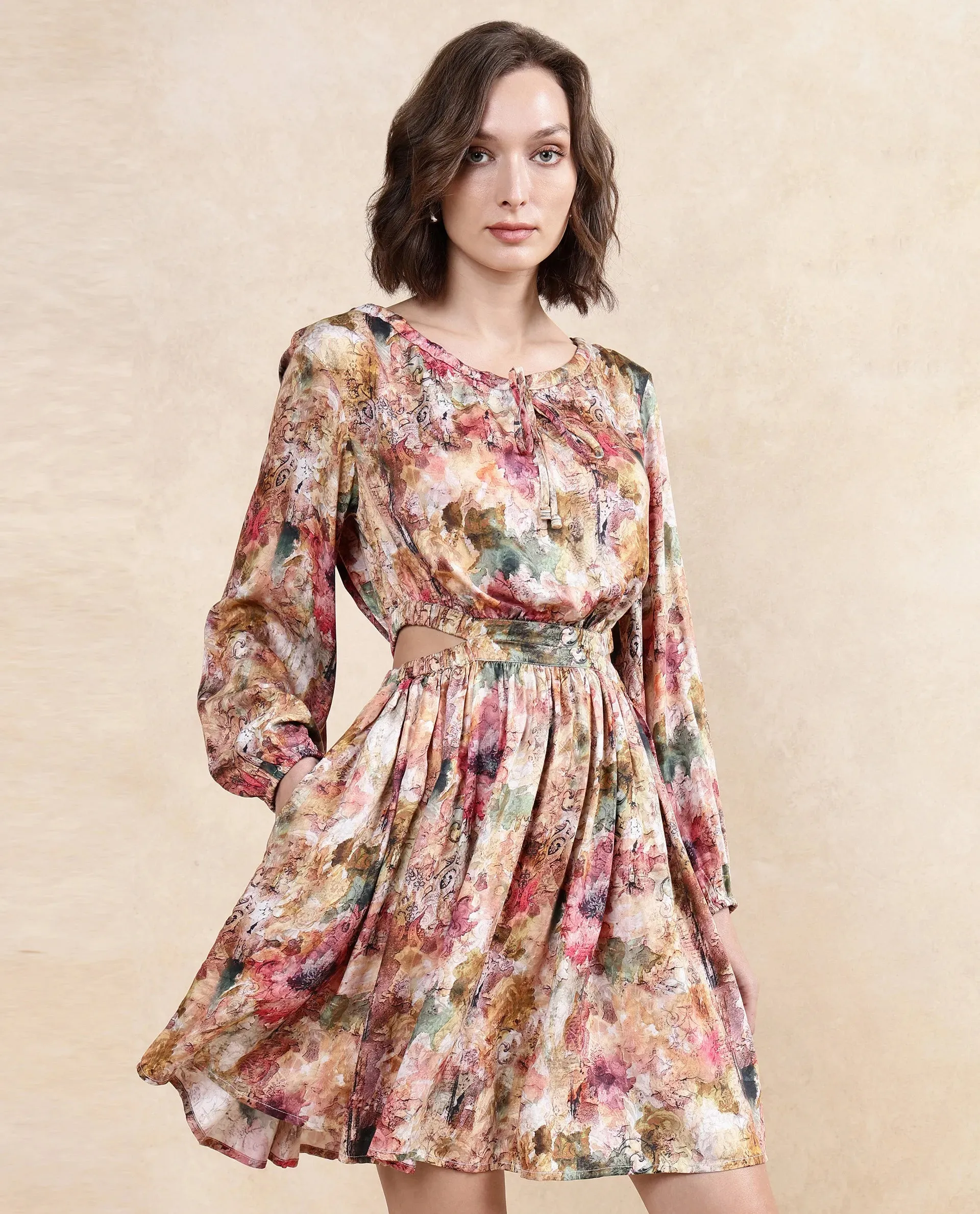 Rareism Women Chilet Multi Satin Puffed Sleeve Round Neck A-Line Knee Length Paisley Print Dress