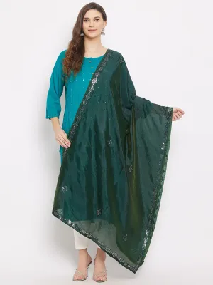 Women Bottle Green Mirror Work Silk Dupatta