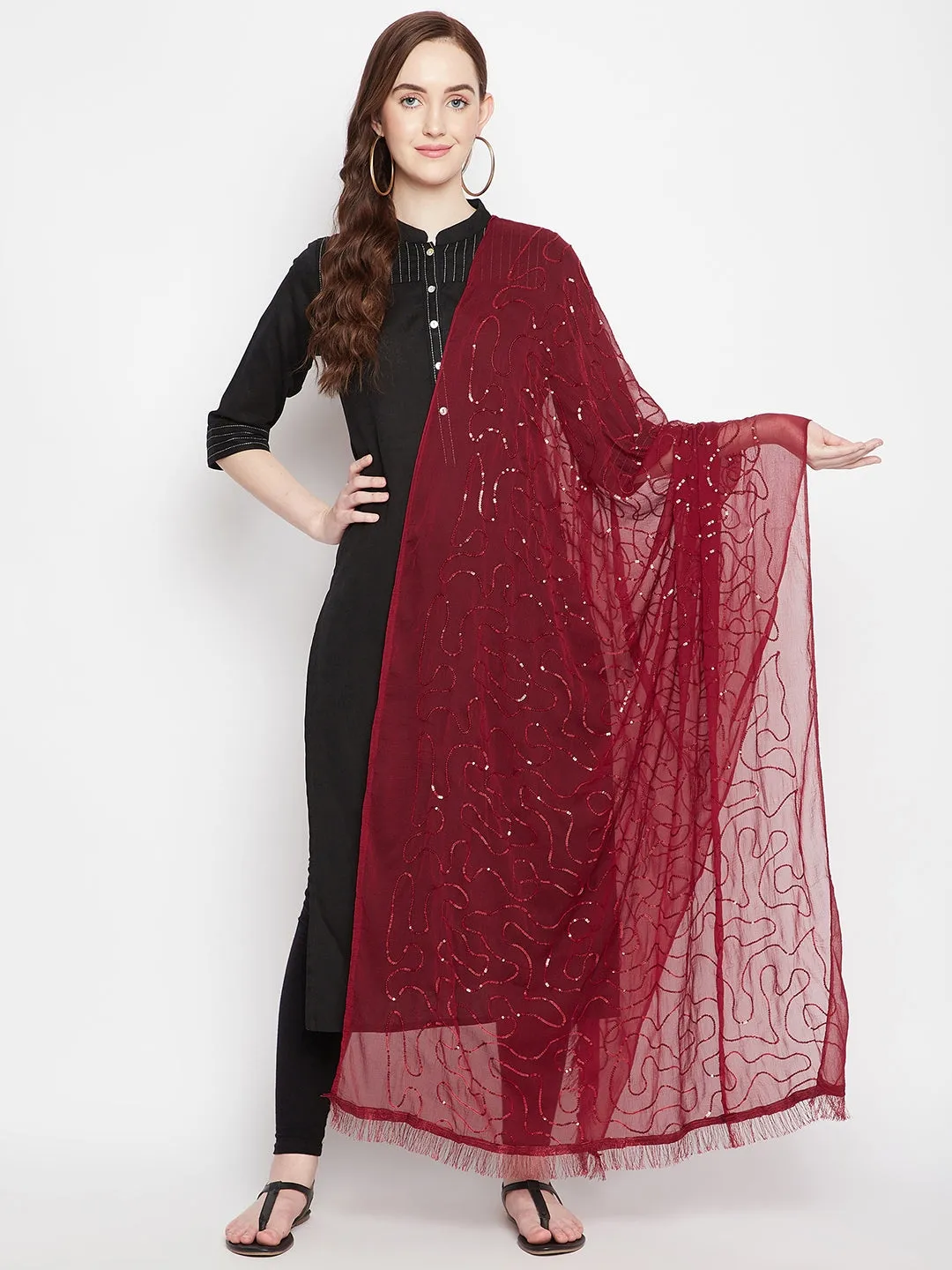 Women Maroon Embellished Chiffon Dupatta