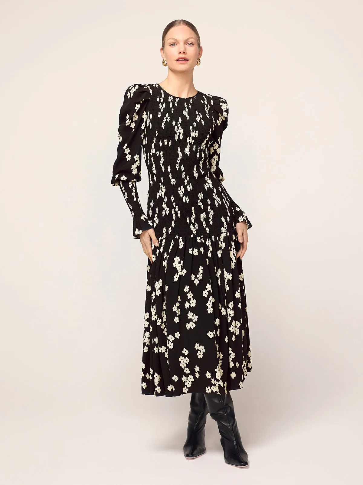 Wren Black Blurred Floral Shirred Midi Dress
