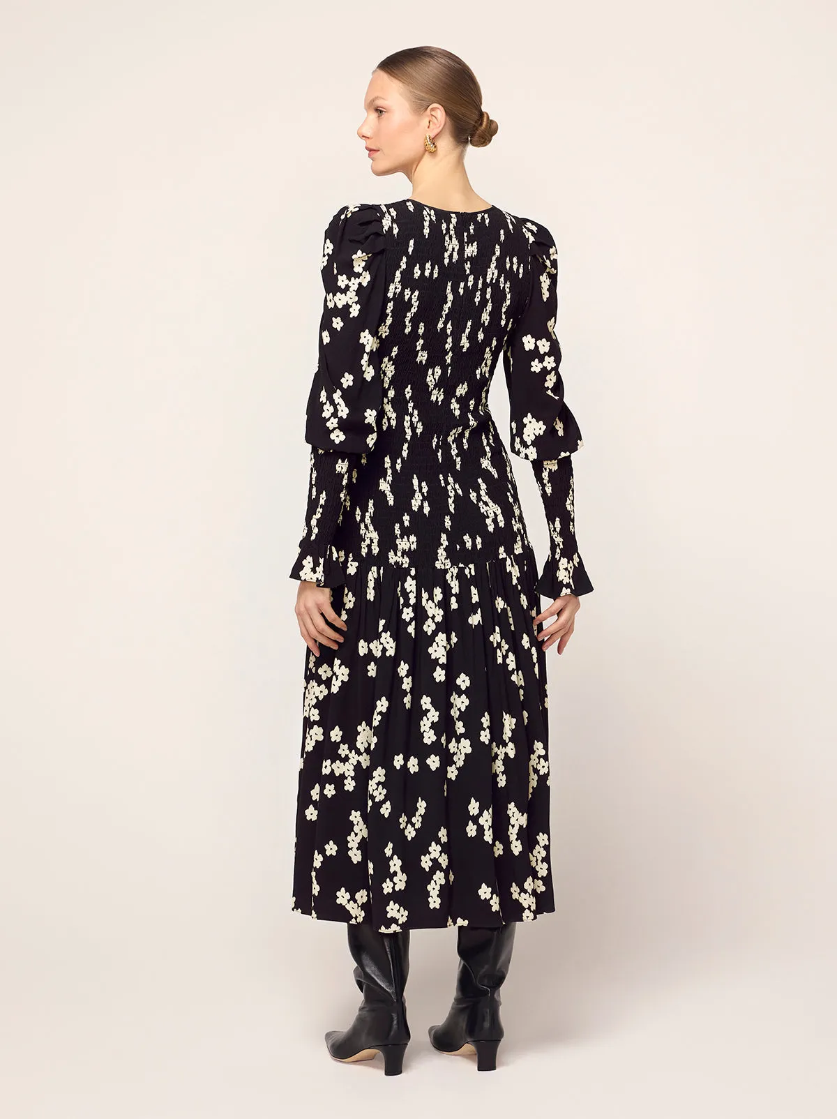 Wren Black Blurred Floral Shirred Midi Dress