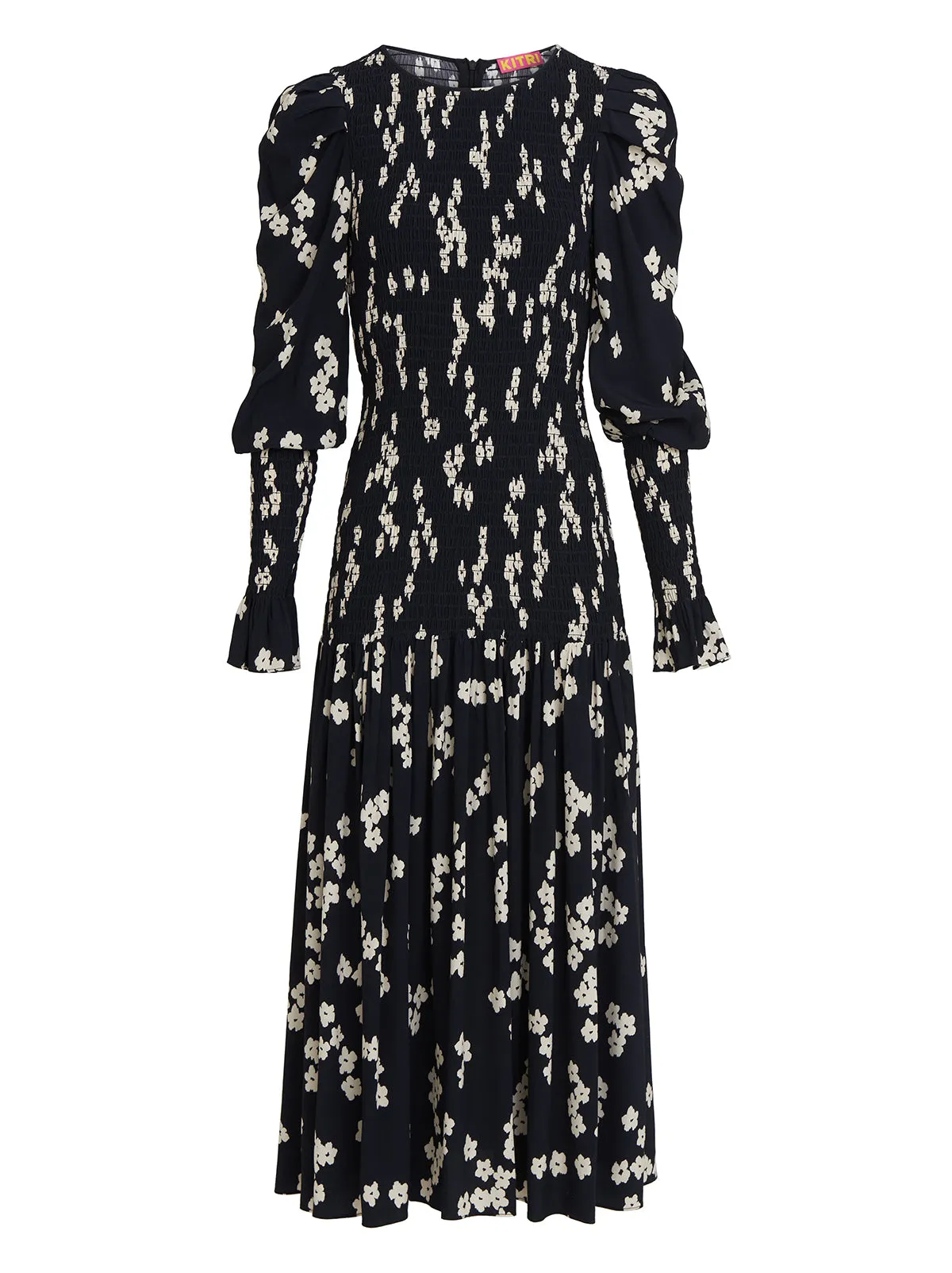 Wren Black Blurred Floral Shirred Midi Dress