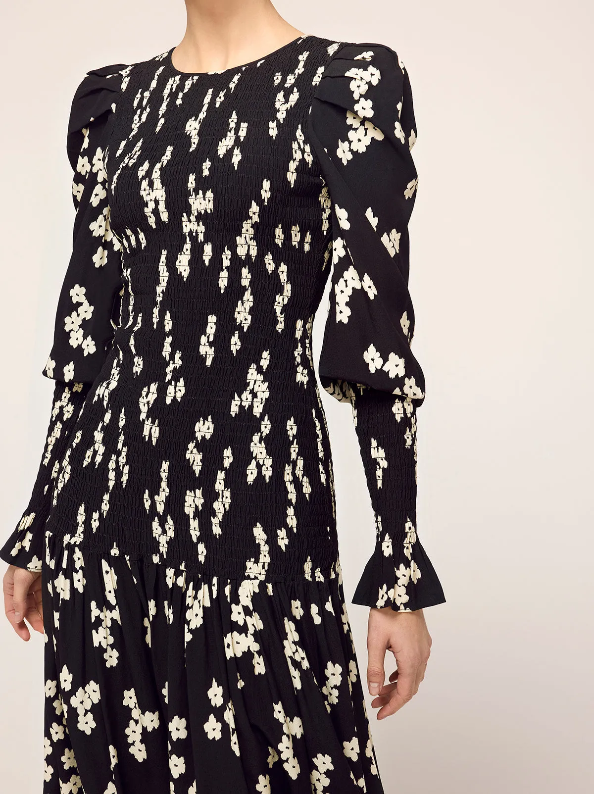 Wren Black Blurred Floral Shirred Midi Dress
